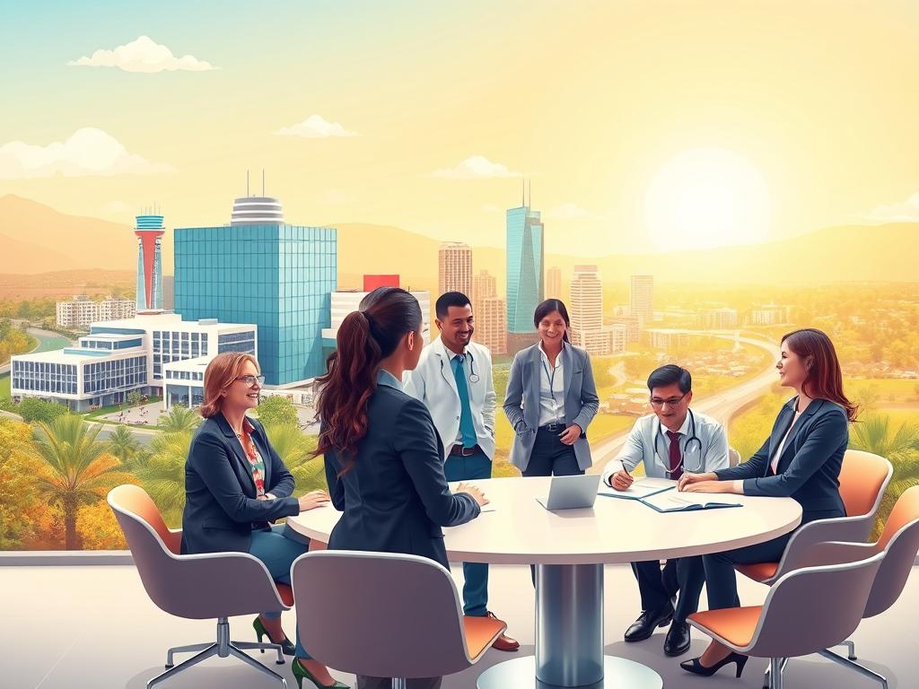 A vibrant and informative illustration showcasing the advantages of Premium Health Plans. In the foreground, depict a confident, diverse group of professionals in smart business attire, discussing health care benefits around an elegant modern table. The middle ground should feature images of top-tier hospitals, state-of-the-art laboratories, and advanced medical centers, symbolizing quality healthcare. In the background, a serene, sunny landscape represents a thriving community, symbolizing health and well-being. Use warm lighting to create a welcoming atmosphere, and employ a soft focus lens effect to highlight the subjects in the foreground while blending the details of the healthcare facilities seamlessly. The mood should convey professionalism and optimism about health care options.