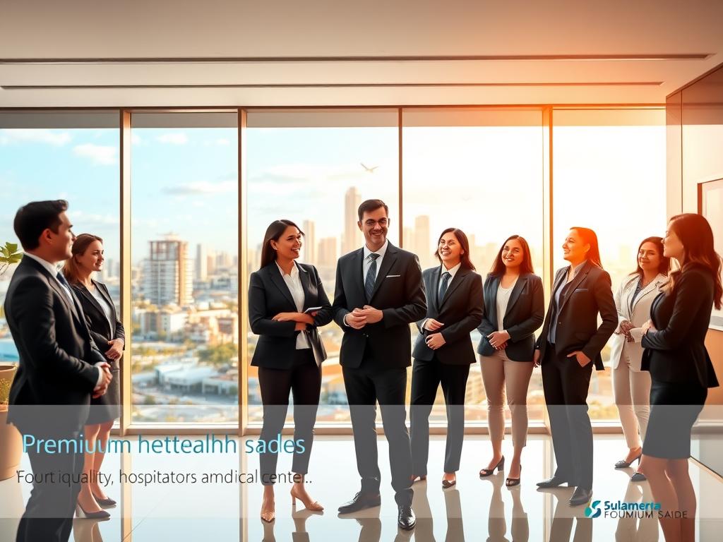A vibrant and inviting representation of premium health plans by Sulamérica Saúde, showcasing an array of high-quality hospitals, laboratories, and medical centers. In the foreground, a diverse group of professional individuals, all in elegant business attire, are engaged in a discussion, with expressions of confidence and satisfaction. The middle ground features a sleek, modern office environment with large windows displaying a beautiful Santa Isabel skyline bathed in warm, natural light. In the background, vibrant health-related visuals illustrate the excellence of healthcare services offered, with subtle imagery of hospitals and labs. The mood is professional and optimistic, emphasizing the premium quality and comprehensive nature of Sulamérica Saúde's offerings. The focus should be clear and sharp, with a slight depth of field to highlight the foreground while softly blurring the background elements.