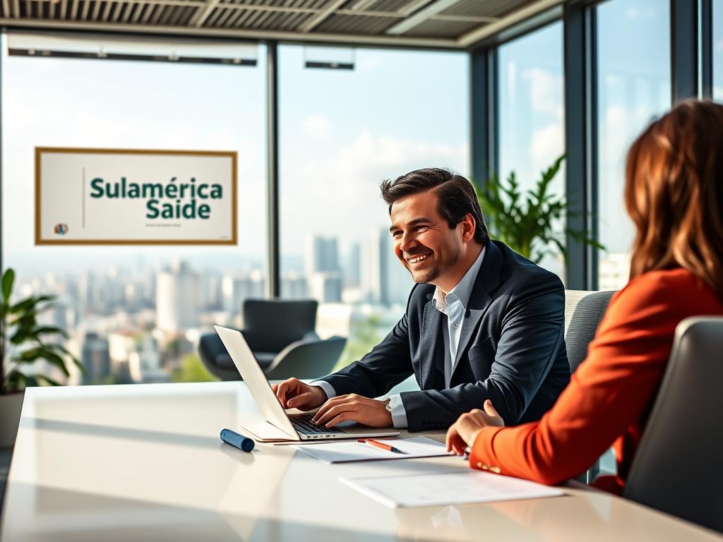A vibrant and professional representation of a healthcare consultancy office, showcasing the branding of "Sulamérica Saúde". In the foreground, a well-dressed consultant and a client engaged in discussion, with a warm, welcoming smile from the consultant, seated at a sleek modern desk with documents and a laptop open. The middle ground features a bright, airy office with large windows allowing natural light to illuminate the space, showcasing a certificate on the wall featuring "Sulamérica Saúde". In the background, a large cityscape of Itaquaquecetuba can be seen through the windows, blending nature and urban architecture. The overall mood is one of professionalism and trust, with soft lighting casting gentle shadows that enhance the inviting atmosphere. The image should be clear and detailed, with a focus on the interaction between the consultant and client.