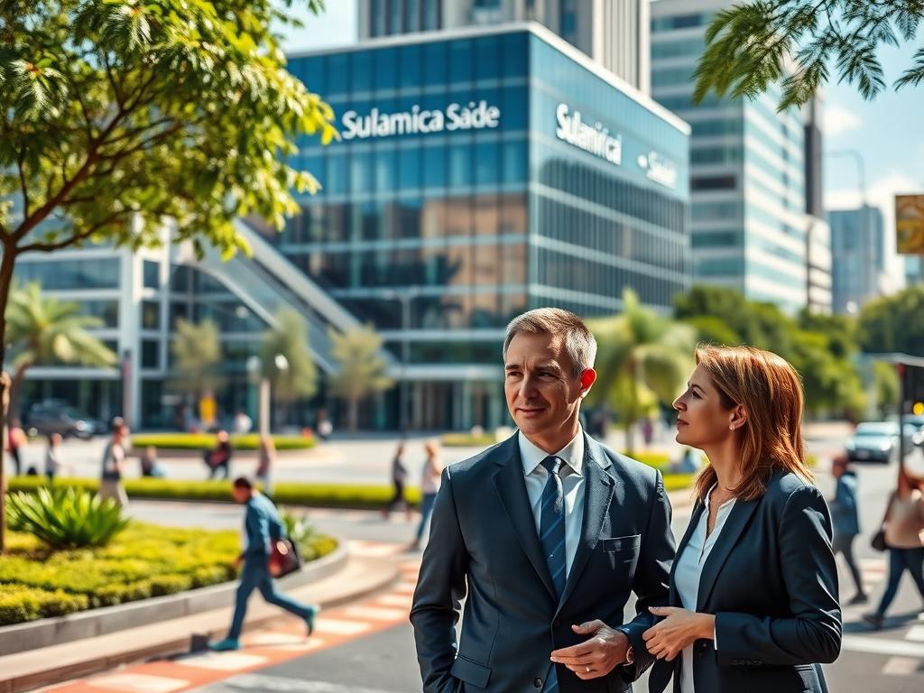 A vibrant cityscape of Ribeirão Pires, showcasing the Sulamérica Saúde headquarters with a focus on its Premium Consultancy services. In the foreground, a professional consultant in smart business attire is interacting with a client, both engaged in a discussion. The middle ground features a modern building with a sleek glass façade, symbolizing cutting-edge healthcare, while vibrant greenery and urban elements frame the scene. In the background, the hustle and bustle of the city with people commuting, emphasizing a lively atmosphere. The image is illuminated by soft, natural daylight, casting gentle shadows that enhance the professionalism of the setting. The overall mood conveys trust, expertise, and community engagement, ideal for showcasing premium healthcare consultancy.