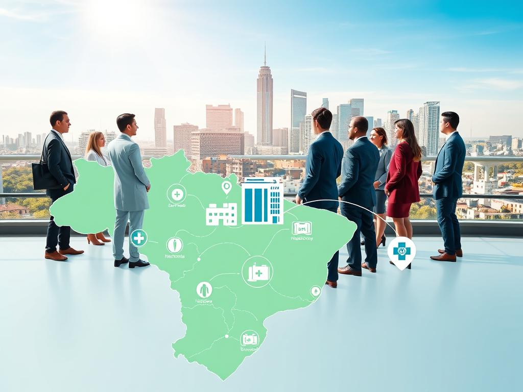 A vibrant map showcasing the national and regional coverage of Sulamérica Saúde in Brazil, featuring a clear depiction of major cities like São Paulo, alongside symbols representing hospitals, laboratories, and medical centers. In the foreground, a professional and diverse group of individuals in business attire discusses healthcare solutions with a backdrop of modern healthcare facilities. The middle ground highlights prominent hospital and laboratory icons, interconnected with flowing lines symbolizing healthcare access. The background displays a bright, optimistic skyline of São Paulo, bathed in natural daylight. Use a wide-angle lens to capture the scene, conveying a sense of collaboration and commitment to quality health services across the nation. The overall atmosphere should be informative and inspiring, with a focus on accessibility and excellence in healthcare.