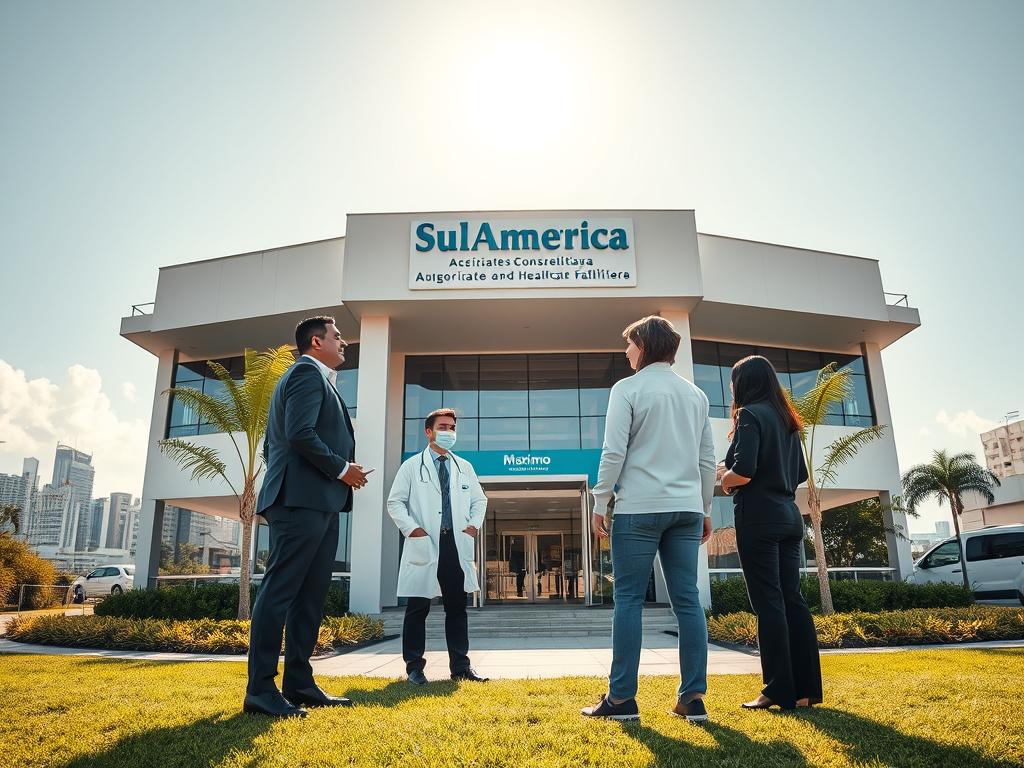 A vibrant scene in Itaquaquecetuba showcasing a modern healthcare facility associated with SulAmérica Saúde. In the foreground, a diverse group of professionals in smart business attire are engaged in discussion—two healthcare workers, a doctor in a white coat and a nurse in scrubs, alongside a consultant from Maximo Consultoria. The middle ground features an inviting entrance to a contemporary medical building adorned with lush landscaping and clear signage. In the background, the skyline of Itaquaquecetuba is visible under sunny skies, reflecting a bright future in healthcare. The lighting is warm and welcoming, capturing a sense of optimism and professionalism. The angle is slightly elevated, drawing focus on both the professionals and the healthcare facility, creating a feeling of collaboration and community support in healthcare services.