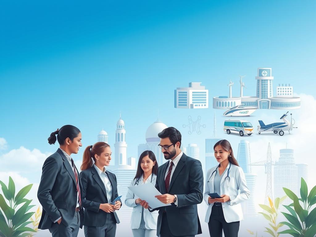 A visually engaging illustration depicting the characteristics of Premium Health Insurance Plans. In the foreground, showcase a diverse group of professionals in smart business attire, engaged in a consultation meeting, analyzing documents and discussing healthcare options. In the middle ground, highlight symbols of premium medical services such as luxurious hospitals, state-of-the-art laboratories, and advanced medical centers, creating a sense of quality and exclusivity. The background should feature a clear blue sky with soft, natural lighting that signifies trust and health. The overall atmosphere should feel sophisticated and reassuring, emphasizing the high standards and benefits of premium health insurance. Focus on a balanced composition that conveys professionalism and excellence in health services.
