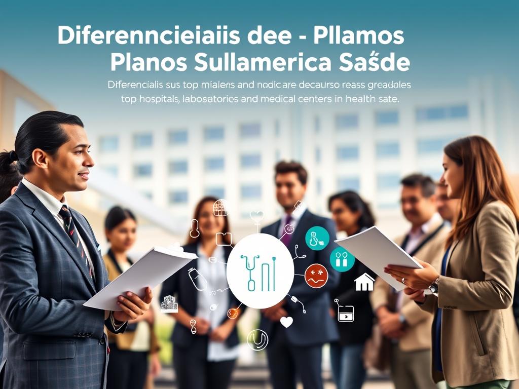 A visually striking representation of the "Diferenciais dos Planos Sulamérica Saúde," showcasing the benefits of top hospitals, laboratories, and medical centers in Brazil. In the foreground, a professional-looking consultant in business attire stands confidently, discussing health plan brochures with a small group of diverse individuals, all dressed in smart casual wear. In the middle ground, a vibrant display of various healthcare icons, such as stethoscopes and medical cross symbols, illustrates the range of services offered. In the background, a soft-focus image of a modern hospital building highlights credibility and trustworthiness. The lighting is warm and welcoming, creating an atmosphere of reassurance and professionalism. The angle captures both the consultant’s engagement with the clients and the backdrop of healthcare excellence.