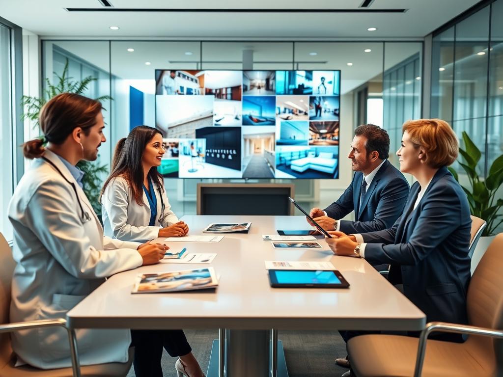 A visually striking representation of the benefits of premium health plans, set in a modern, professional environment. In the foreground, a diverse group of well-dressed individuals – a doctor in a white coat, a nurse in scrubs, and a businessperson in a tailored suit – are engaging in a friendly discussion around a sleek conference table filled with healthcare brochures and digital tablets. In the middle ground, vibrant images of high-quality hospitals, laboratories, and medical centers are displayed on a large screen, showcasing their advanced facilities. The background features a bright, contemporary office with glass walls and greenery, creating an inviting atmosphere. Soft natural lighting enhances the professionalism, while a slight tilt-shift effect draws focus to the individuals, emphasizing the premium nature of this health plan.