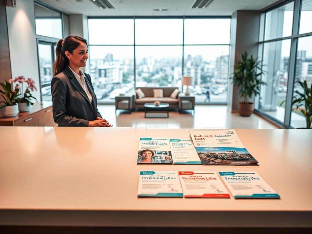 A welcoming and professional healthcare office setting showcasing "Rede credenciada Sulamérica Saúde." In the foreground, display a polished reception desk with a friendly receptionist in smart business attire, greeting patients. The middle layer features a spacious waiting area with comfortable seating and well-organized brochures about Premium health plans. Soft lighting illuminates the room, enhancing a sense of calm and trust. In the background, large windows reveal a view of a bustling urban landscape in Osasco, indicative of a thriving healthcare community. The atmosphere is warm and inviting, emphasizing quality service and professionalism. The overall mood conveys a sophisticated yet approachable environment that reflects the high standards of Sulamérica Saúde’s Premium plans, featuring top-tier hospitals and medical centers in Brazil. A welcoming and professional healthcare office setting showcasing "Rede credenciada Sulamérica Saúde." In the foreground, display a polished reception desk with a friendly receptionist in smart business attire, greeting patients. The middle layer features a spacious waiting area with comfortable seating and well-organized brochures about Premium health plans. Soft lighting illuminates the room, enhancing a sense of calm and trust. In the background, large windows reveal a view of a bustling urban landscape in Osasco, indicative of a thriving healthcare community. The atmosphere is warm and inviting, emphasizing quality service and professionalism. The overall mood conveys a sophisticated yet approachable environment that reflects the high standards of Sulamérica Saúde’s Premium plans, featuring top-tier hospitals and medical centers in Brazil.